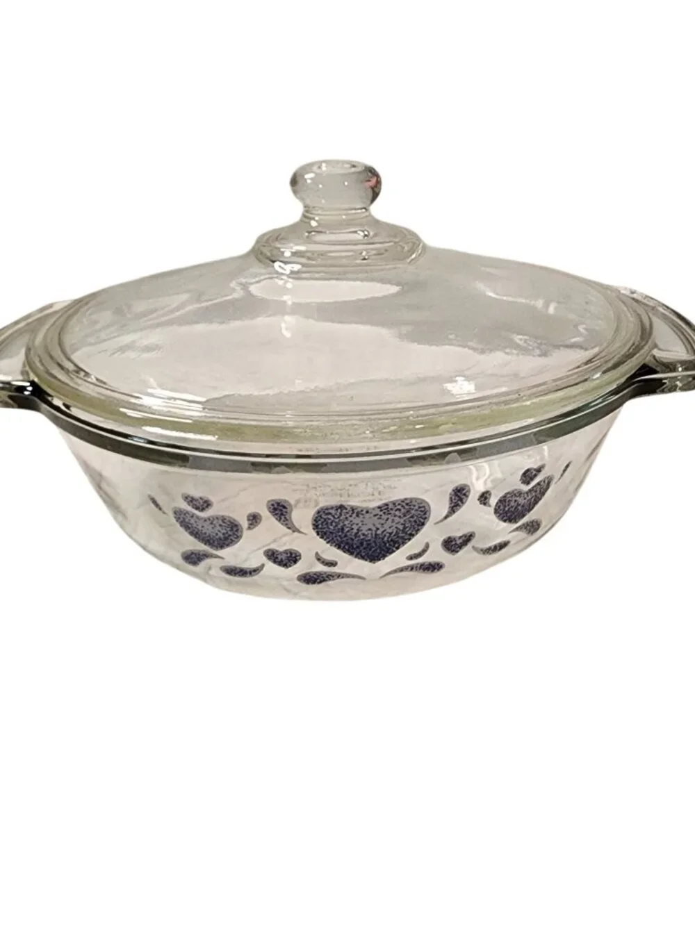 Anchor Hocking Ovenware Round Casserole Blue Hearts Clear Glass